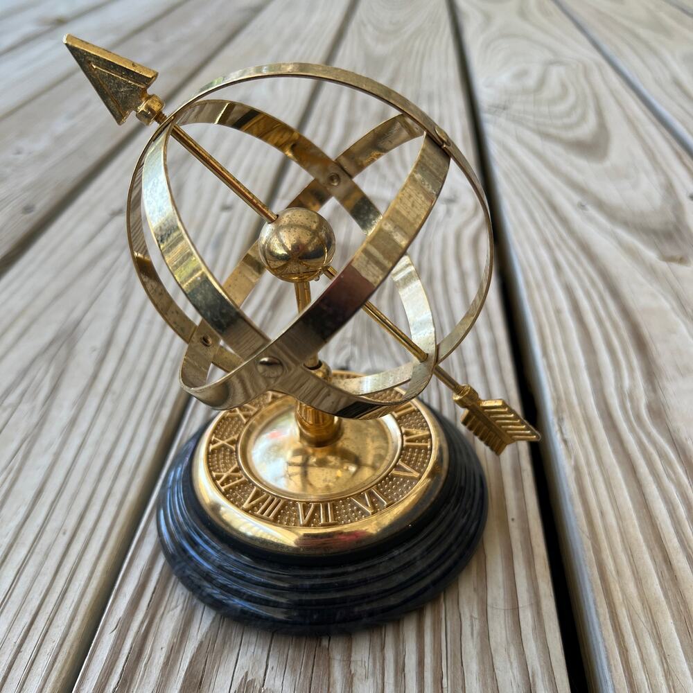 Vintage brass armillary sphere statue marble base arrow sundial globe